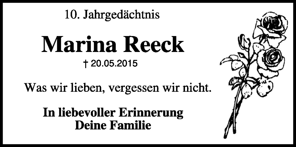  Traueranzeige für Marina Reeck vom 14.05.2025 aus WochenSpiegel