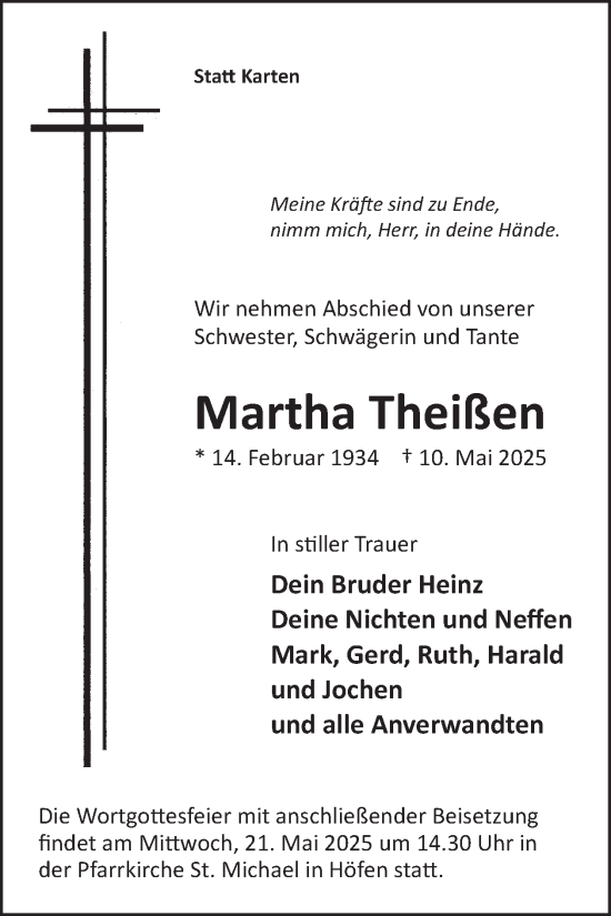 Traueranzeige von Martha Theißen von WochenSpiegel