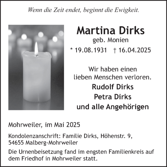 Traueranzeige von Martina Dirks von WochenSpiegel