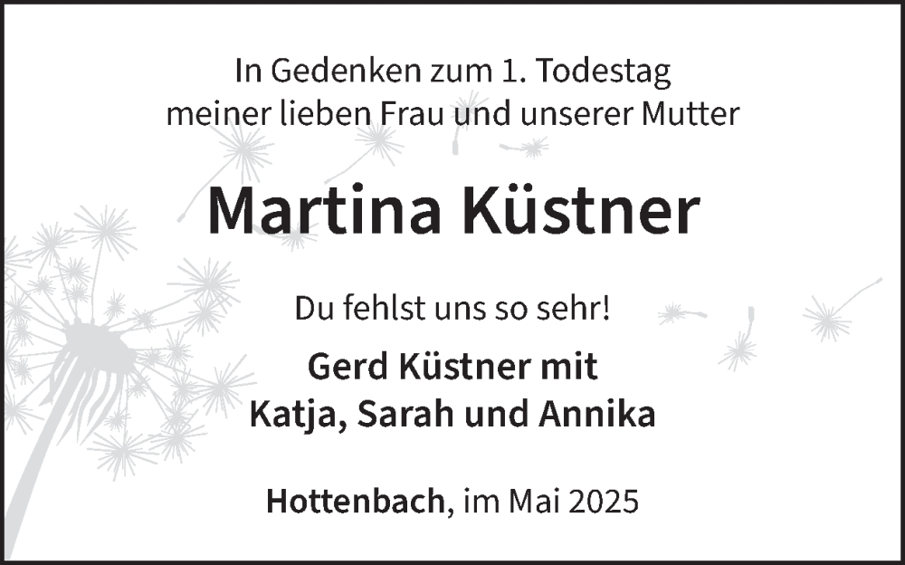  Traueranzeige für Martina Küstner vom 31.05.2025 aus WochenSpiegel