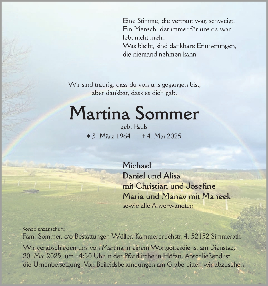  Traueranzeige für Martina Sommer vom 14.05.2025 aus WochenSpiegel