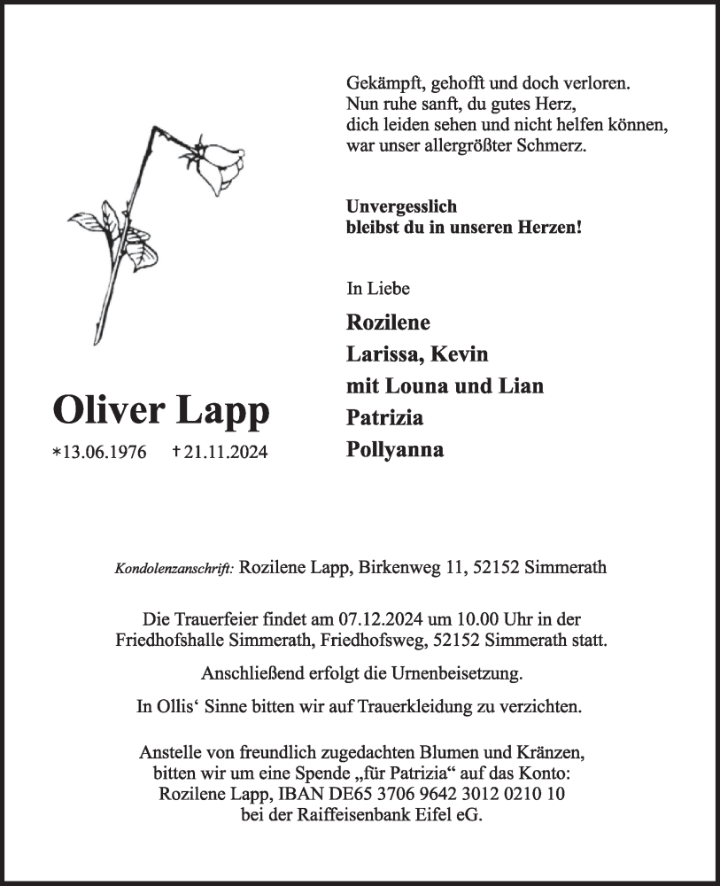  Traueranzeige für Oliver Lapp vom 27.11.2024 aus WochenSpiegel
