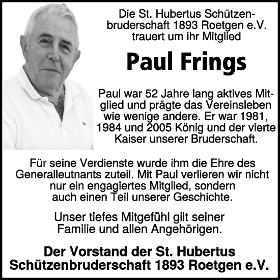 Traueranzeige von Paul Frings von WochenSpiegel