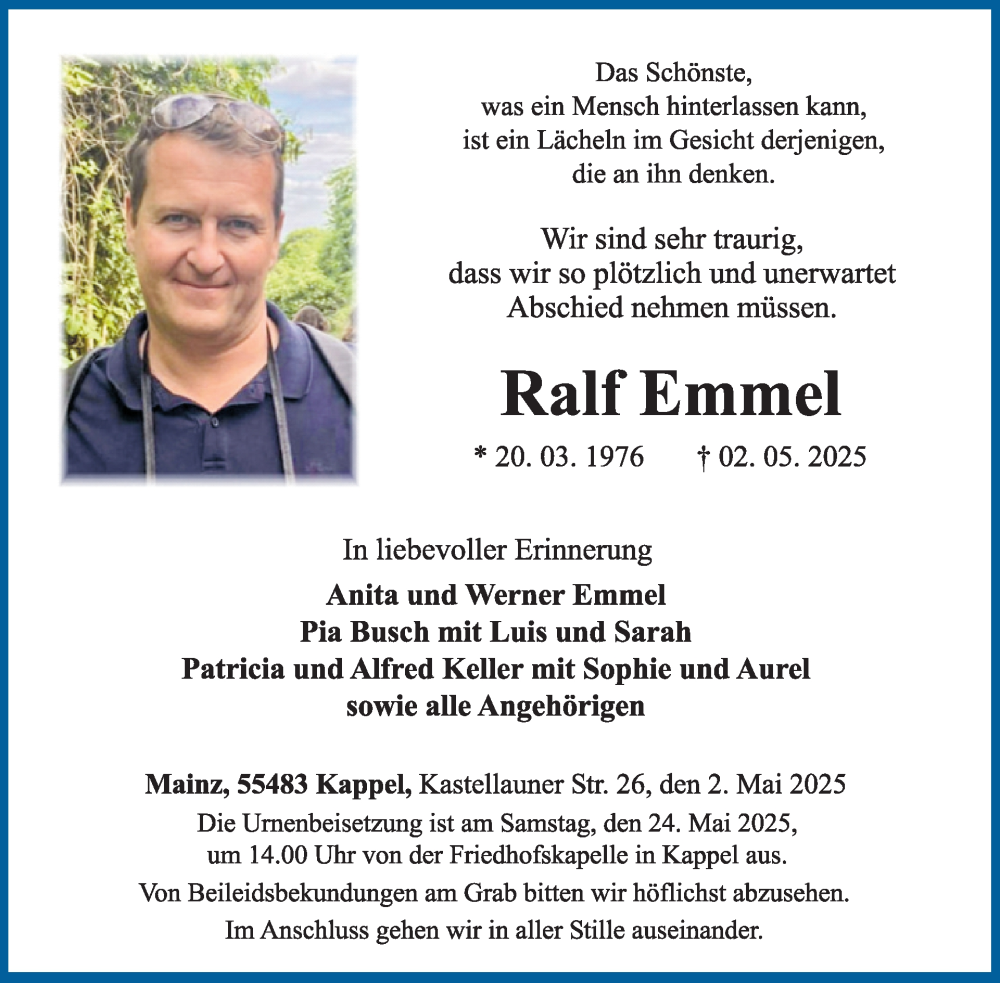  Traueranzeige für Ralf Emmel vom 17.05.2025 aus WochenSpiegel