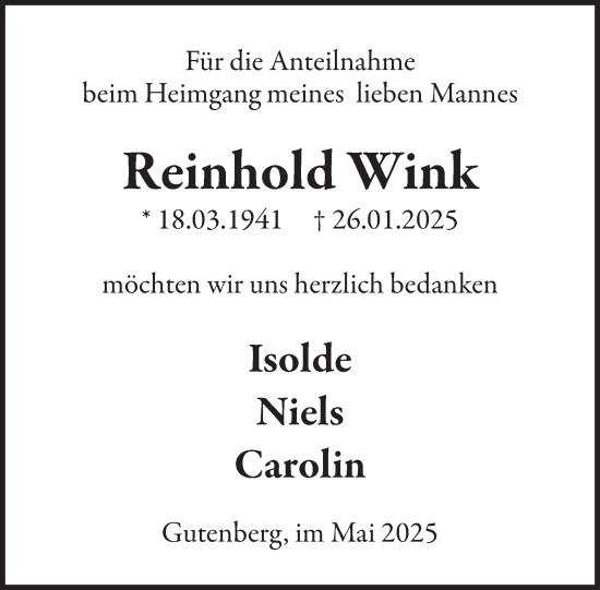 Traueranzeige von Reinhold Wink von WochenSpiegel