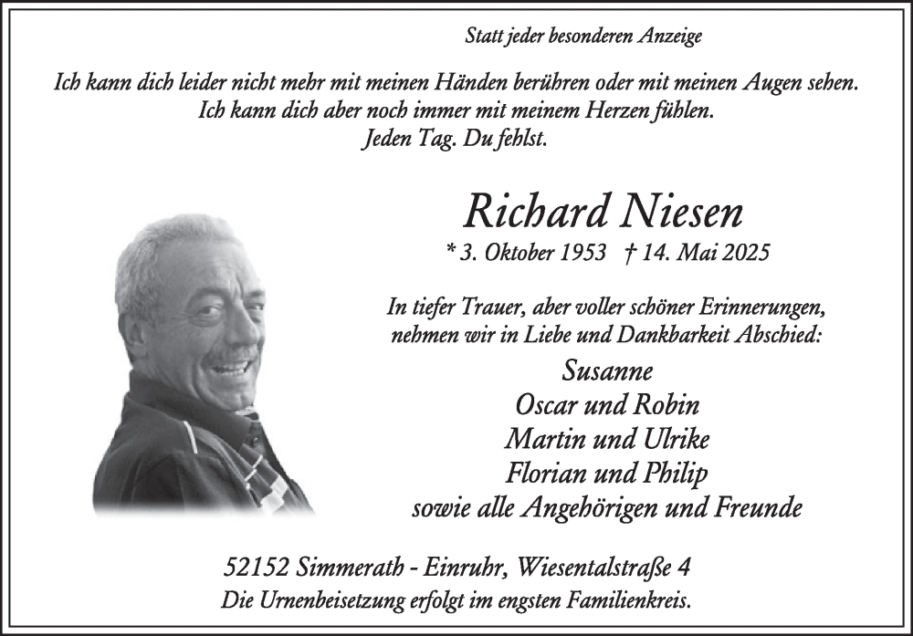  Traueranzeige für Richard Niesen vom 21.05.2025 aus WochenSpiegel