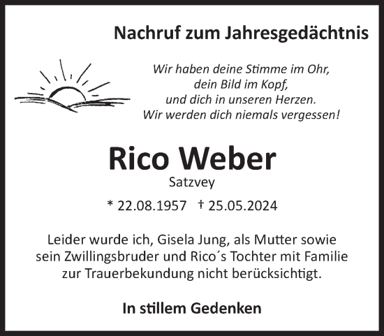 Traueranzeige von Rico Weber von WochenSpiegel