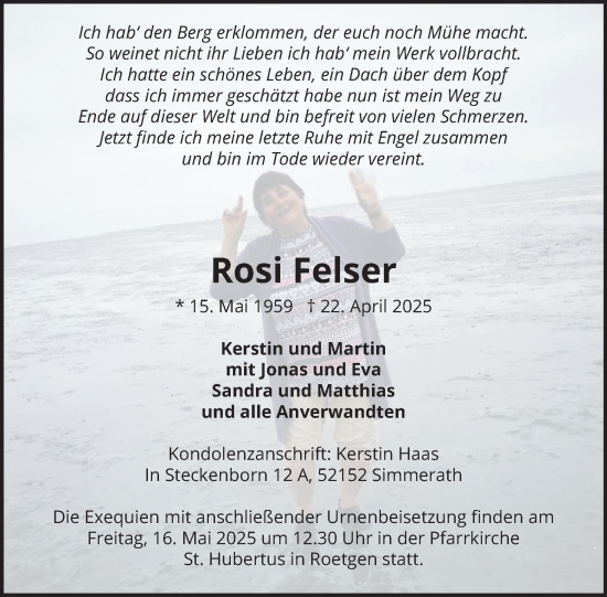 Traueranzeige von Rosi Felser von WochenSpiegel