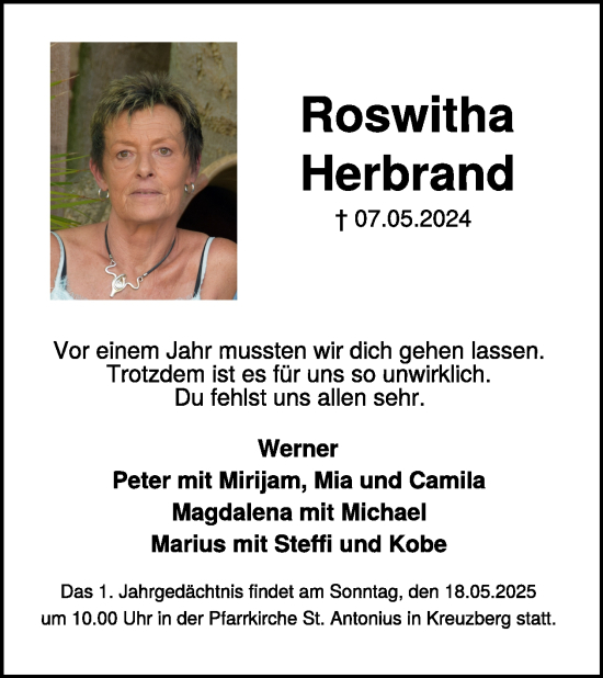 Traueranzeige von Roswitha Herbrand von WochenSpiegel