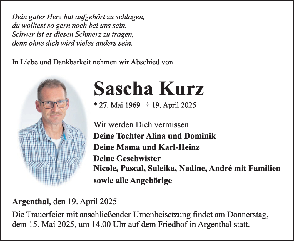  Traueranzeige für Sascha Kurz vom 10.05.2025 aus WochenSpiegel