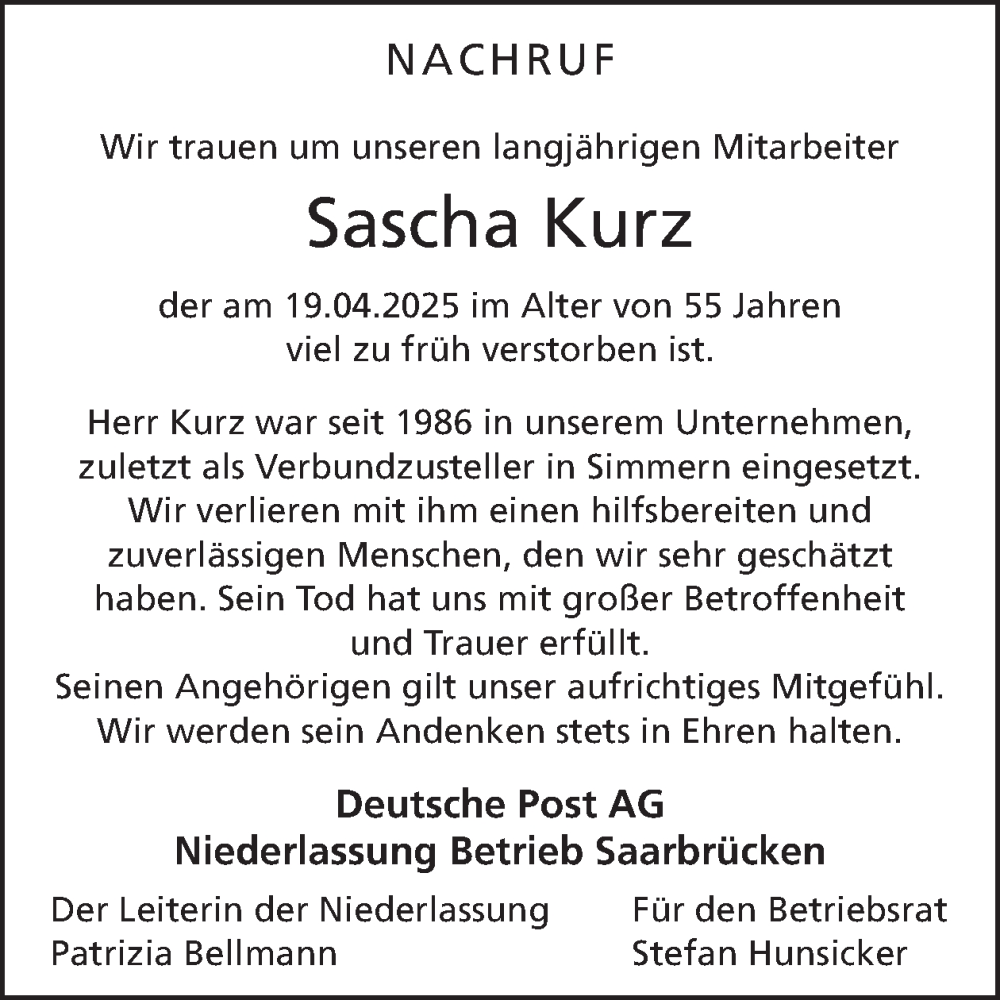  Traueranzeige für Sascha Kurz vom 10.05.2025 aus WochenSpiegel