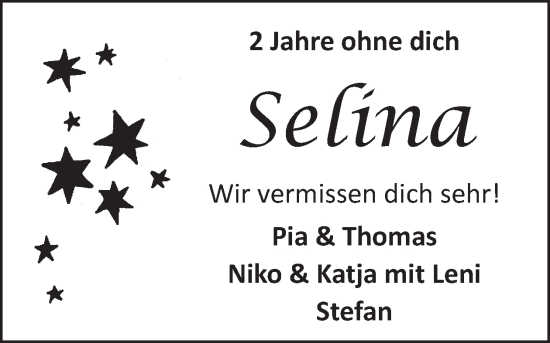Traueranzeige von Selina  von WochenSpiegel
