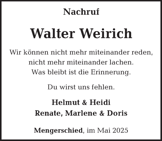 Traueranzeige von Walter Weirich von WochenSpiegel