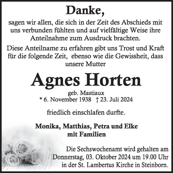 Traueranzeige von Agnes Horten von WochenSpiegel