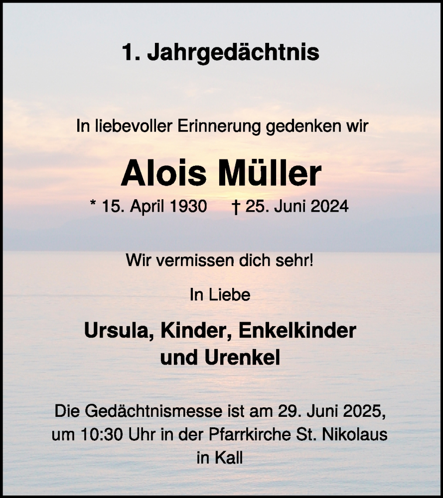  Traueranzeige für Alois Müller vom 25.06.2025 aus WochenSpiegel