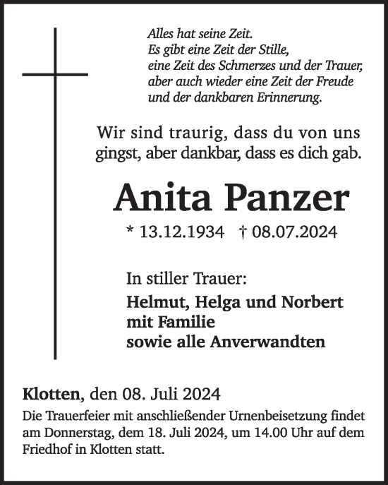 Traueranzeige von Anita Panzer von WochenSpiegel