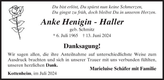 Traueranzeige von Anke  Henigin-Haller von WochenSpiegel