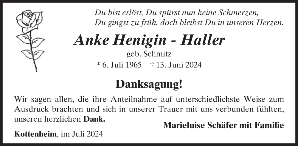  Traueranzeige für Anke  Henigin-Haller vom 24.07.2024 aus WochenSpiegel