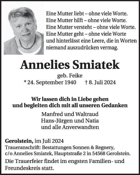 Traueranzeige von Annelies Smiatek von WochenSpiegel