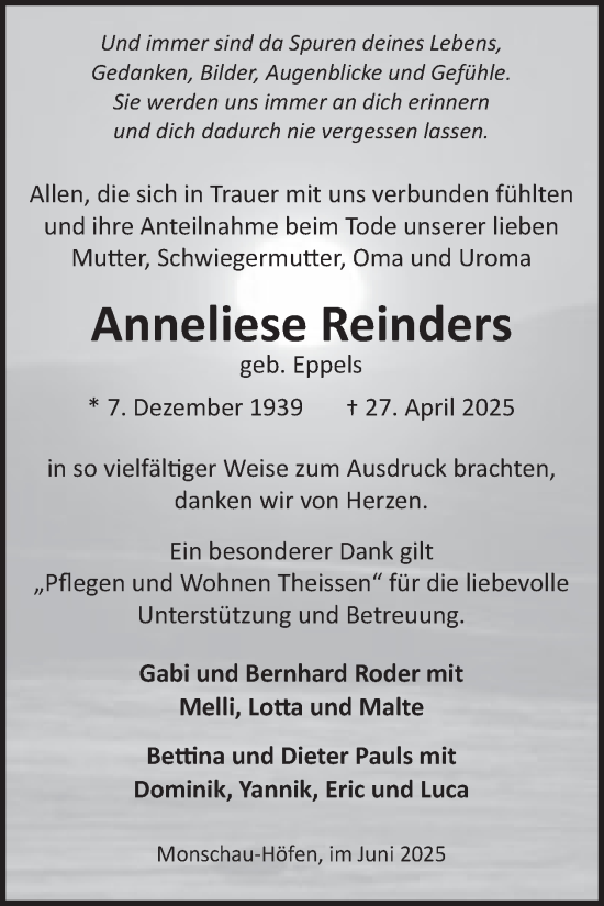 Traueranzeige von Anneliese Reinders von WochenSpiegel