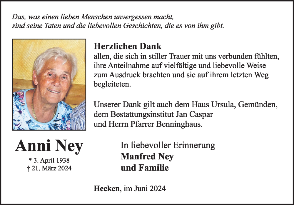  Traueranzeige für Anni Ney vom 15.06.2024 aus WochenSpiegel