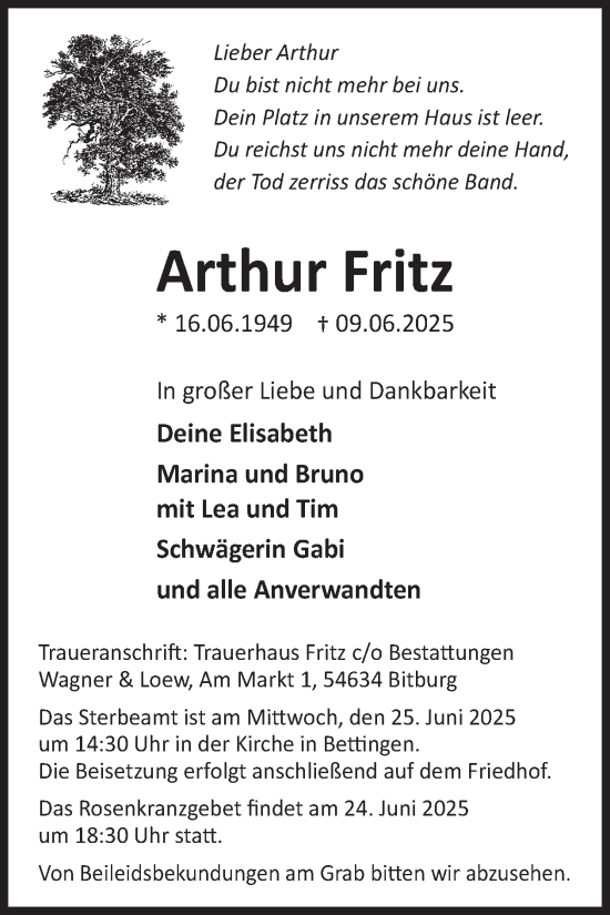 Traueranzeige von Arthur Fritz von WochenSpiegel