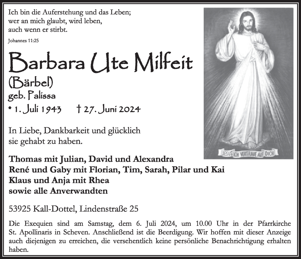  Traueranzeige für Barbara Ute Milfeit vom 03.07.2024 aus WochenSpiegel