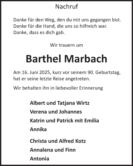 Traueranzeige von Barthel Marbach von WochenSpiegel