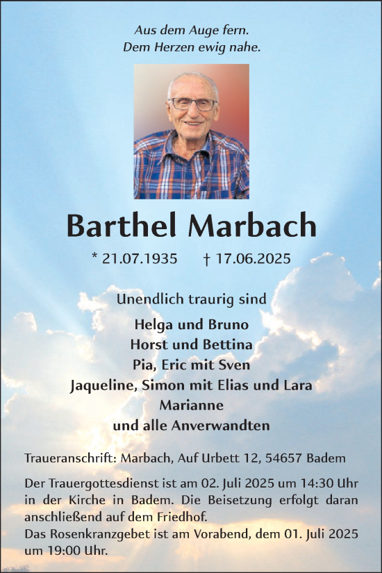 Traueranzeige von Barthel Marbach von WochenSpiegel