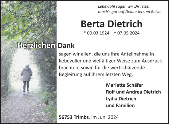 Traueranzeige von Berta Dietrich von WochenSpiegel