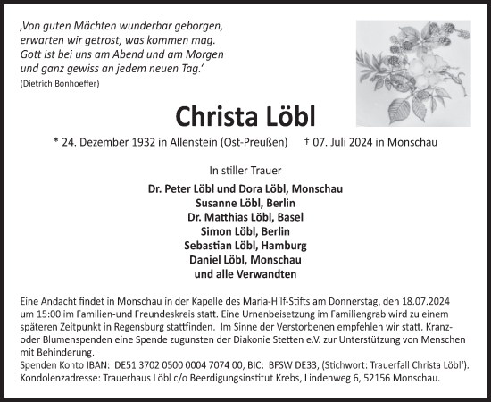 Traueranzeige von Christa Löbl von WochenSpiegel