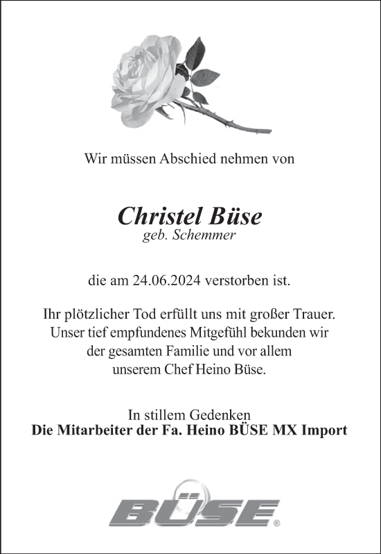 Traueranzeige von Christel Büse von WochenSpiegel