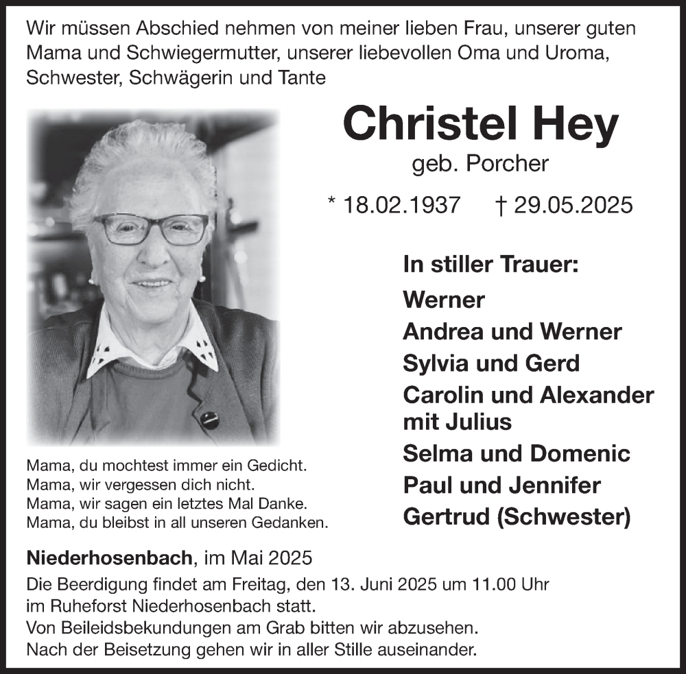  Traueranzeige für Christel Hey vom 07.06.2025 aus WochenSpiegel