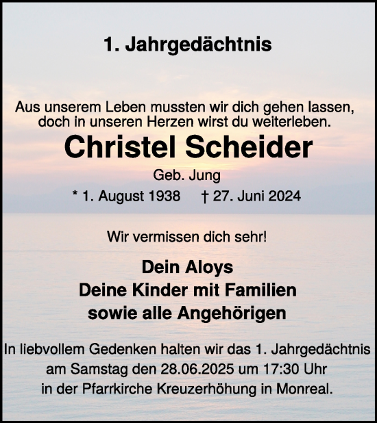 Traueranzeige von Christel Scheider von WochenSpiegel
