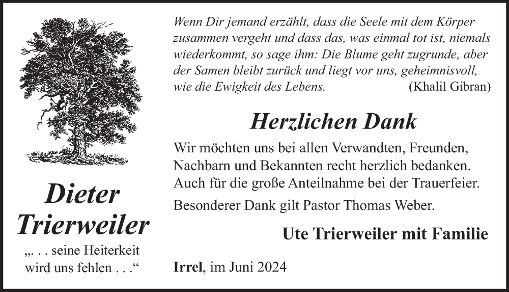 Traueranzeige für Dieter Trierweiler vom 28.06.2024 aus WochenSpiegel