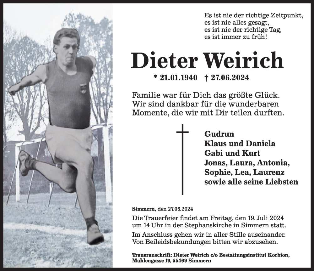  Traueranzeige für Dieter Weirich vom 13.07.2024 aus WochenSpiegel