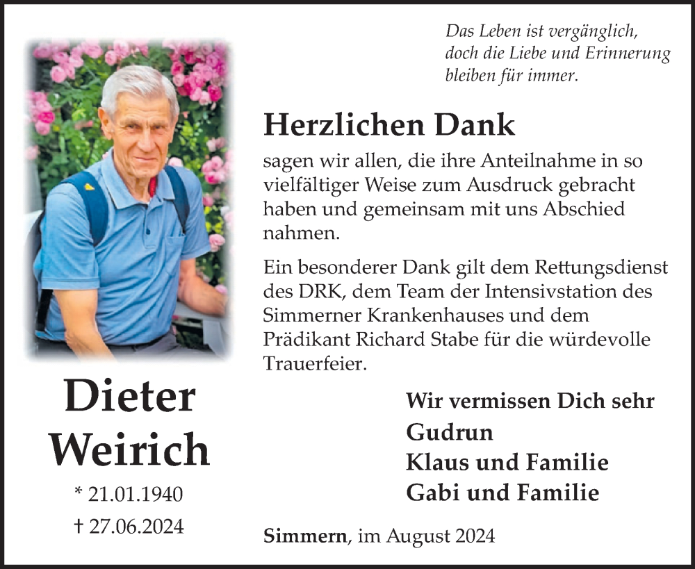  Traueranzeige für Dieter Weirich vom 10.08.2024 aus WochenSpiegel