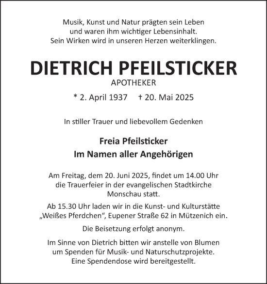 Traueranzeige von Dietrich Pfeilsticker von WochenSpiegel