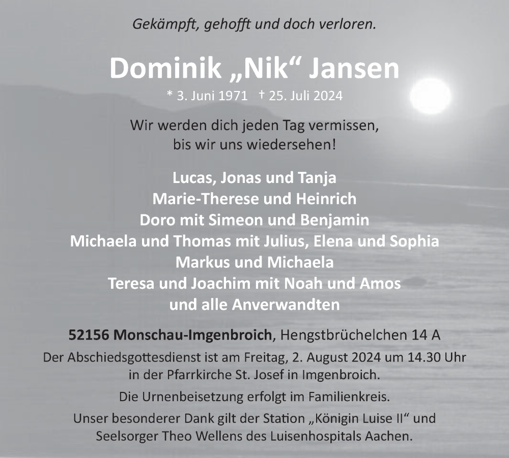  Traueranzeige für Dominik Jansen vom 31.07.2024 aus WochenSpiegel