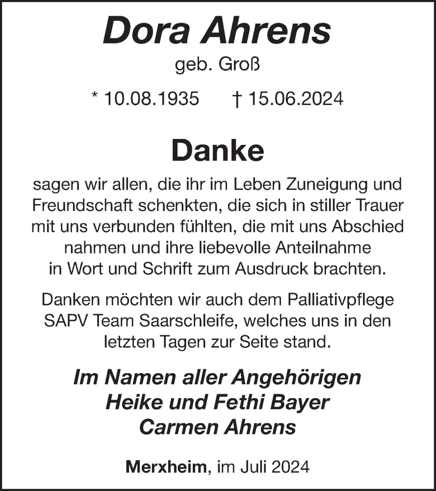  Traueranzeige für Dora Ahrens vom 27.07.2024 aus WochenSpiegel