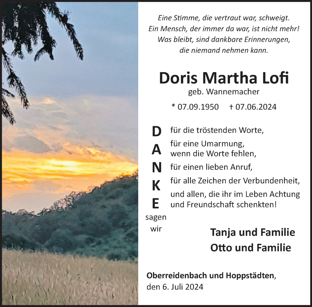  Traueranzeige für Doris Martha Lofi vom 06.07.2024 aus WochenSpiegel