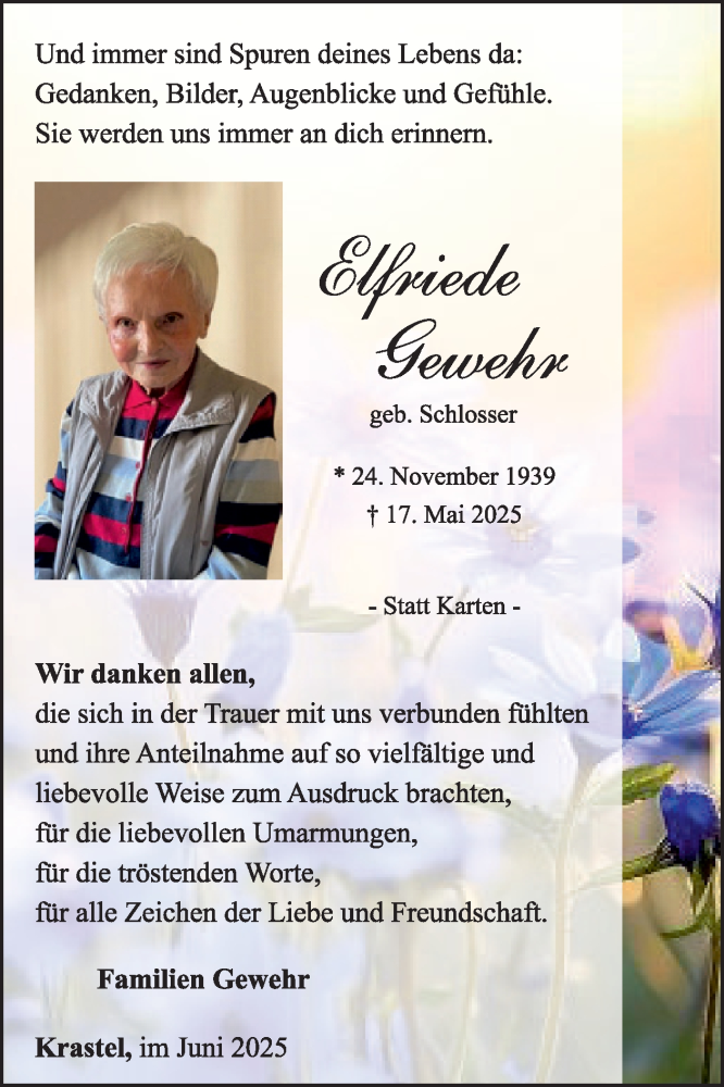  Traueranzeige für Elfriede Gewehr vom 28.06.2025 aus WochenSpiegel