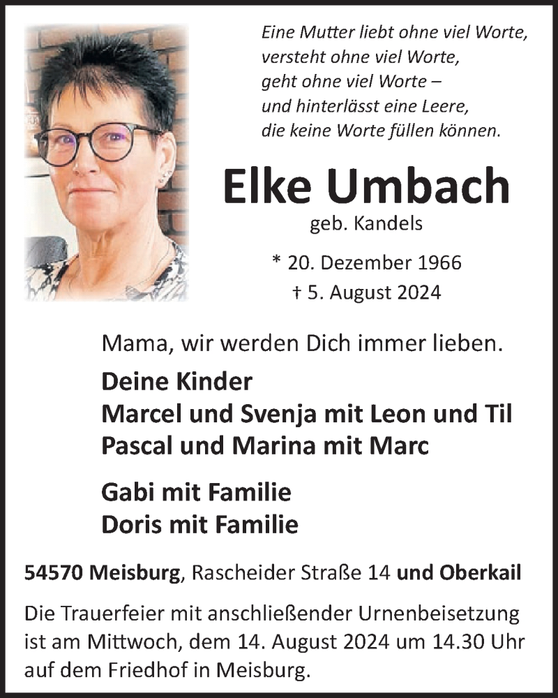  Traueranzeige für Elke Umbach vom 09.08.2024 aus WochenSpiegel