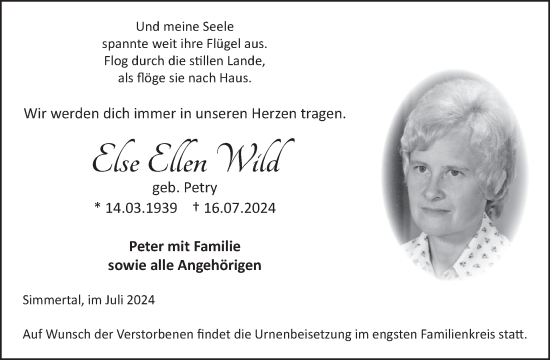 Traueranzeige von Else Ellen Wild von WochenSpiegel