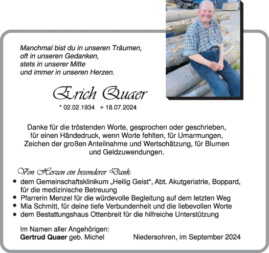 Traueranzeige von Erich Quaer von WochenSpiegel