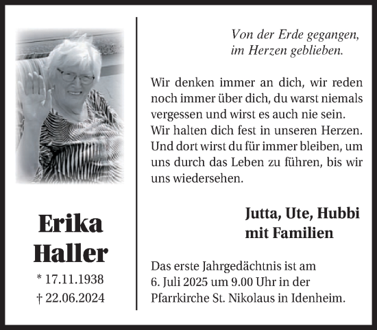 Traueranzeige von Erika Haller von WochenSpiegel