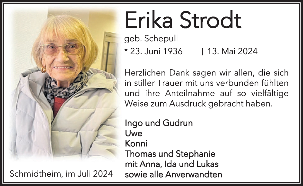  Traueranzeige für Erika Strodt vom 03.07.2024 aus WochenSpiegel