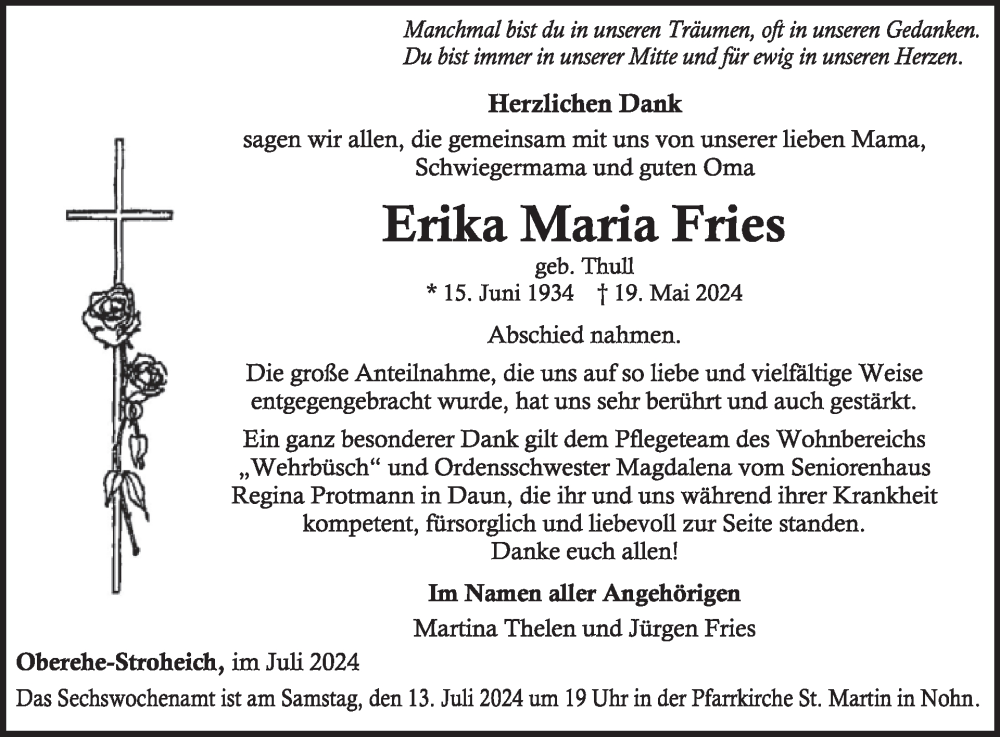  Traueranzeige für Erika Maria Fries vom 06.07.2024 aus WochenSpiegel