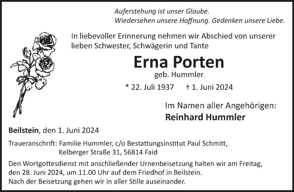  Traueranzeige für Erna Porten vom 19.06.2024 aus WochenSpiegel