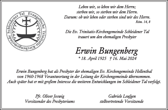 Traueranzeige von Erwin Bungenberg von WochenSpiegel